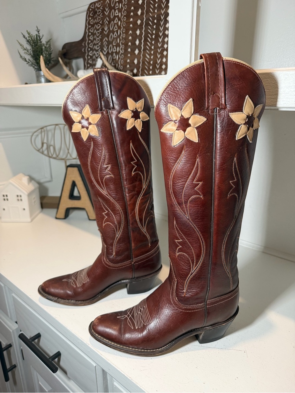 Vintage Acme Womens 5.5C Brown Leather Floral Inlay Tall Cowboy Boots Western